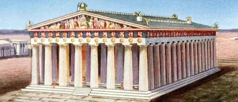Древнегреческий храм с высокими колоннами, расписанный в яркие исторические красные и синие цвета